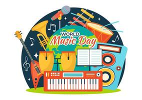 World Music Day Vector Illustration on 21 June with Various Musical Instruments and Notes in Flat Cartoon Background Design