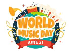 World Music Day Vector Illustration on 21 June with Various Musical Instruments and Notes in Flat Cartoon Background Design