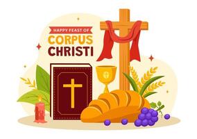 Corpus Christi Catholic Religious Vector Illustration with Feast Day, Cross, Bread and Grapes in Holiday Celebration Flat Cartoon Background