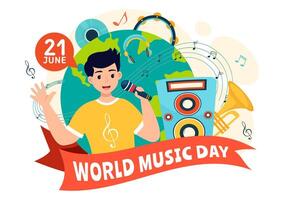 World Music Day Vector Illustration on 21 June with Various Musical Instruments and Notes in Flat Cartoon Background Design