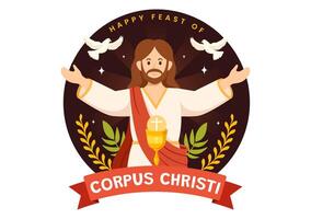 Corpus Christi Catholic Religious Vector Illustration with Feast Day, Cross, Bread and Grapes in Holiday Celebration Flat Cartoon Background