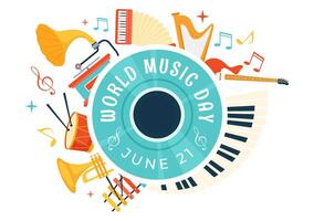 World Music Day Vector Illustration on 21 June with Various Musical Instruments and Notes in Flat Cartoon Background Design