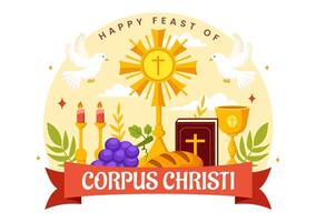 Corpus Christi Catholic Religious Vector Illustration with Feast Day, Cross, Bread and Grapes in Holiday Celebration Flat Cartoon Background