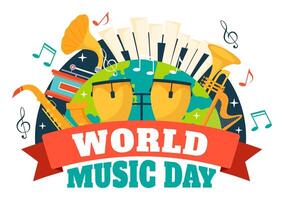 World Music Day Vector Illustration on 21 June with Various Musical Instruments and Notes in Flat Cartoon Background Design