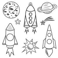 A set of space isolated icons of planets, satellites, UFOs and rockets. Vector illustration