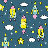 Space elements seamless pattern. Space background. Space doodle illustration. Vector illustration. Seamless pattern with cartoon space rockets, planets and stars.