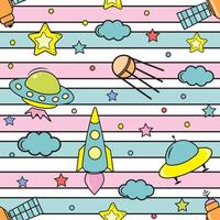 Space elements seamless pattern. Space background. Space doodle illustration. Vector illustration. Seamless pattern with cartoon space rockets, planets and stars.