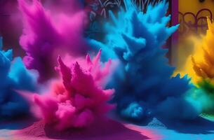 ai generado holi color explosiones, enfoque en dinámica patrones y texturas de en polvo pigmentos en ciudad paredes antecedentes foto