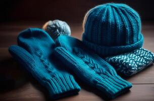 AI generated A ready-made set of knitted mittens, a hat and a scarf, with knitting needles and threads nearby photo