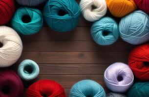 AI generated Assorted threads of colorful yarn on wooden background with space for text photo