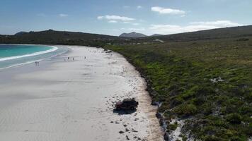 4x4 coche estacionado en blanco arena playa suerte bahía esperanza 4k aéreo video