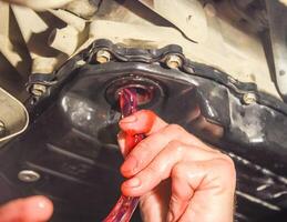 Oil change in automatic transmission. Filling the oil through the hose. Car maintenance station. Red gear oil. The hands of the car mechanic in oil photo