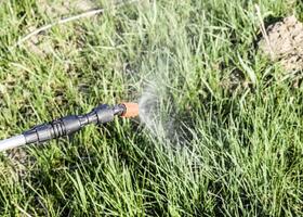pulverización herbicida desde el boquilla de el rociador manual foto