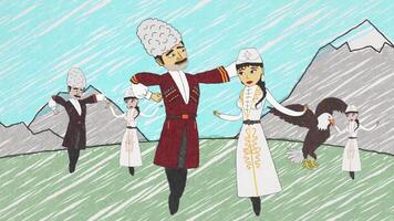 Karikatur Animation mit Armenisch Männer und Frauen im National Kleider Tanzen lezghinka im Vorderseite von Berge. Menschen ziehen um im Armenisch tanzen und dann drehen in Adler und Schwäne und fliegen weg. video