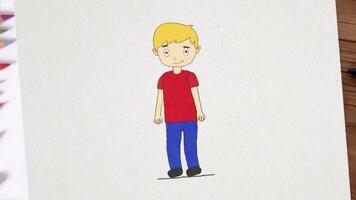 dibujos animados animación de un contento chico ondulación su mano, dibujado por color lapices en un sábana de papel. en la foto resumen chico sonriente y ondulación su mano. video