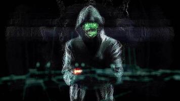 Man cyber figure in hood standing in the dark among green waves and throwing red glowing object. Abstract animation with a man over a factory blueprint throwing red, neon stone. video