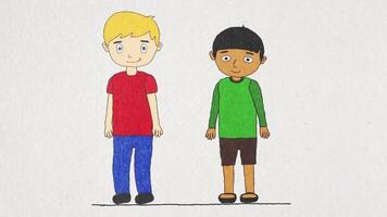 Cartoon animation with two boys of different races living in the same house, tolerance and brotherhood concept. Happy white and indian boys share lodging. video