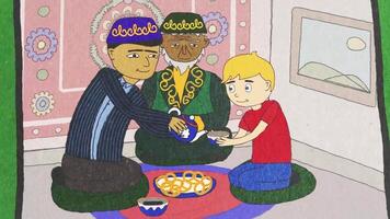 tecknad serie animering med människor av annorlunda nationaliteter och religioner dricka te, tolerans begrepp. abstrakt män och en pojke av annorlunda races Sammanträde på de golv och dricka varm dryck. video