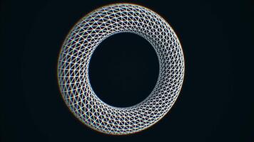 Abstract shape, white element in wireframe hologram style rotating on black background with small, white dots. Monochrome volume model of a transparent ring spinning. video