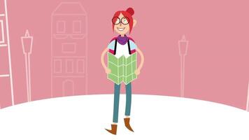 Cartoon animation with a red haired girl with a map in her hands walking on moving house silhouettes background, adventure and exploring world concept. Abstract girl with glasses travelling. video