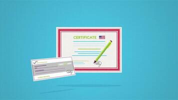 Close up for the certificate with a stamp and signature prepared for rewarding. Certificate with USA flag and a cheque on blue background. video