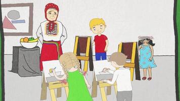 Group of children learning to draw a still life of fruits in deep plate, art education concept. Cartoon animation of kids in the classroom with easels learn drawing. video