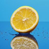 ai generado un medio orgánico limón fotografiado en un azul antecedentes foto