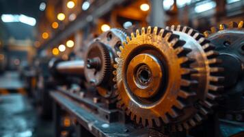 AI generated With gears whirring, it strikes a pose against a backdrop of industrial machinery photo