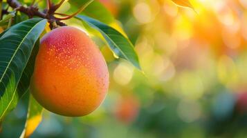 AI generated Beautiful juicy ripe mango hang on a branch in the summer garden photo