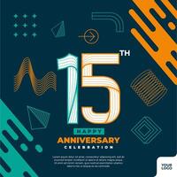 15th anniversary celebration logotype with colorful abstract geometric shape y2k background vector