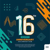 16th anniversary celebration logotype with colorful abstract geometric shape y2k background vector