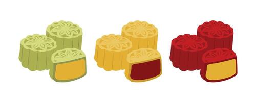 three type of flavor mooncake eaten and full vector