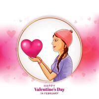 Beautiful cute girl hand holding heart for valentines day celebration card background vector