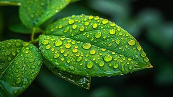 AI generated A close-up of raindrops on a green leaf photo