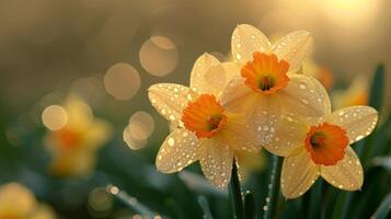 AI generated A close-up of dew-kissed daffodils, illuminated by the warm photo