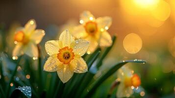 AI generated A close-up of dew-kissed daffodils, illuminated by the warm photo