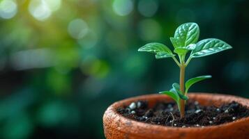 ai generado un de cerca de un pequeño, brotante planta en un terracota maceta, representando primavera crecimiento y potencial foto