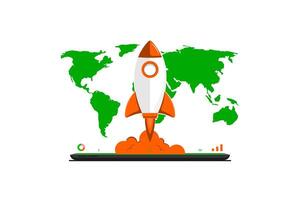 Business start up, Rocket fly with global map, computer device on isolated background, Digital marketing illustration. vector