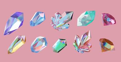 Crystal collection set pack isolated background 3d rendering without AI generated photo