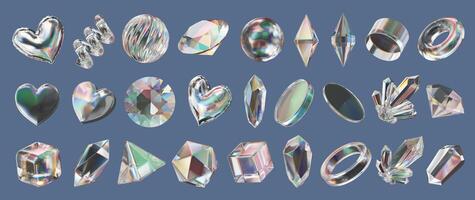 Heart and Gem holographic decoration set pack isolated background 3d rendering without AI generated photo