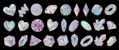 Heart and Gem holographic decoration set pack isolated background 3d rendering without AI generated photo