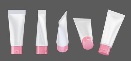 White And Pink Hand Cream Tube Isolated Background Collection in Various Poses 3D Rendering without AI generated photo