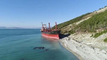 Sunny landscape with moored tanker vessel ship near the slope covered with green pine trees on blue sky background. Shot. Aerial of big, red barge near river shore with people walking in a sunny day. video