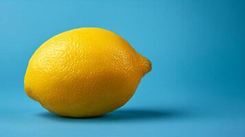 AI generated A single yellow lemon contrasting against a background of varying shades of blue photo