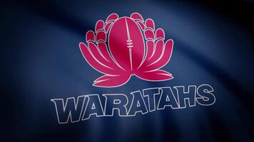 Rugby Waratahs flag is waving on transparent background. Close-up of waving flag with Waratahs rugby club logo, seamless loop. Editorial animation video