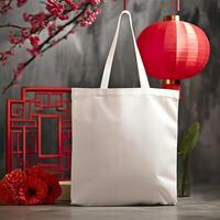 AI generated Chinese New Year Mockup, Plain White Tote Bag with Red Lantern Setting photo