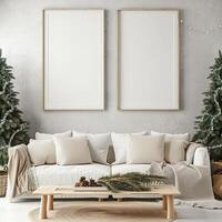 AI generated Blank Canvas Magic, Christmas Living Room Mockup with Empty White Frames photo