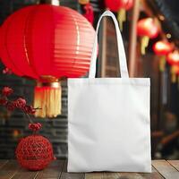 AI generated Tote Bag in Chinese New Year Scene, Blank Mockup with Red Lantern photo