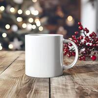 AI generated Christmas Elegance, Blank White Mug Mockup in Festive Setting photo