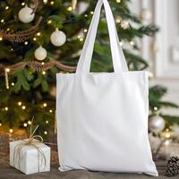 AI generated Festive Tote Bag Mockup, Christmas Tree Background for Holiday Shopping photo